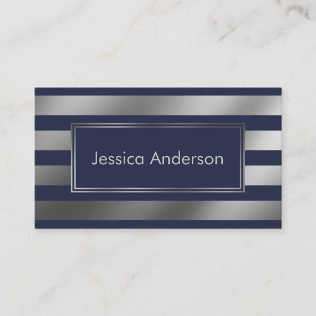 Smooth Faux Silver Foil Metallic and Navy Stripes Business Card (Front)