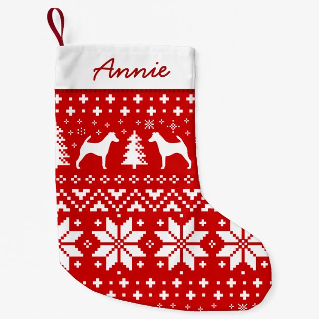 Smooth Fox Terrier Silhouettes Dogs Holiday Red Small Christmas Stocking (Front)