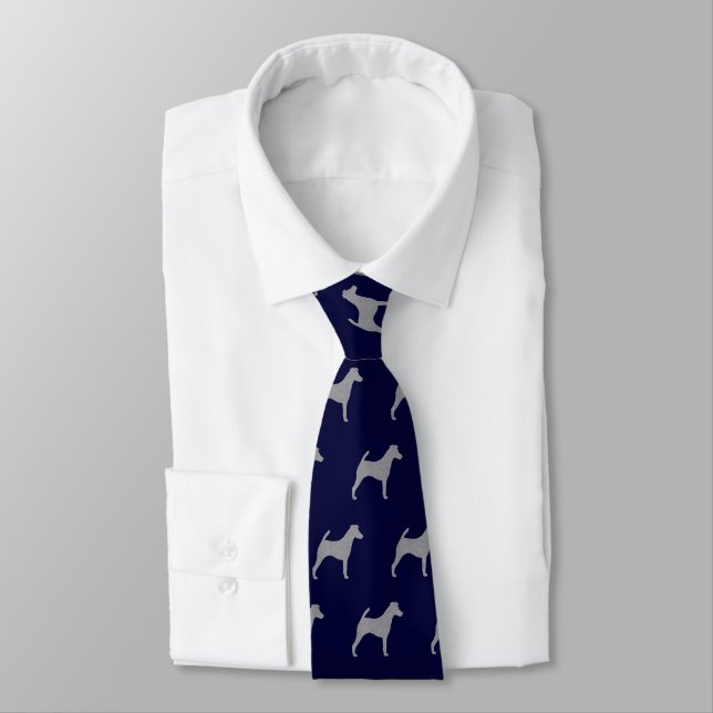 Smooth Fox Terrier Silhouettes Pattern Navy Blue Tie (Tied)