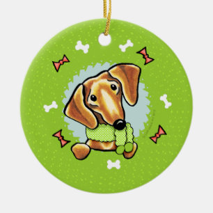 Smooth Red Dachshund Christmas Wreath Ceramic Tree Decoration