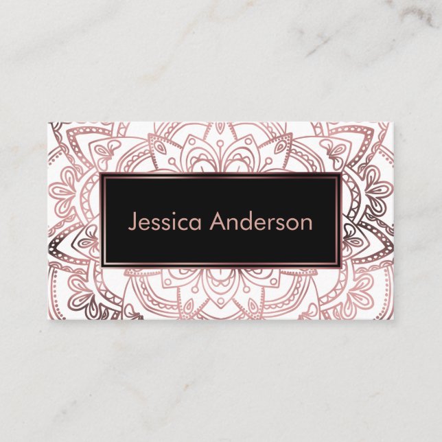 Smooth Rose Gold Foil Mandala Over White Business Card (Front)