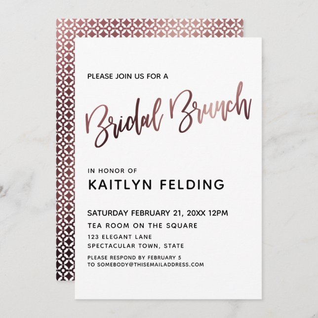Smooth Rose Gold Ombre Bridal Brunch Typography Invitation (Front/Back)