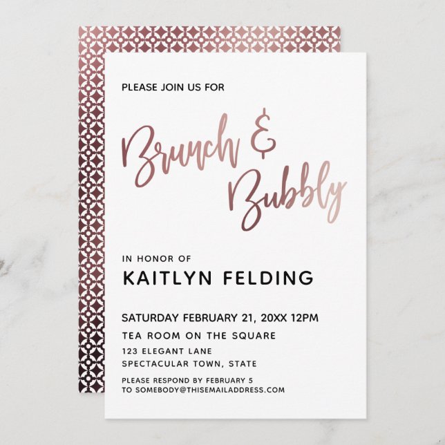 Smooth Rose Gold Ombre Brunch & Bubbly Typography Invitation (Front/Back)