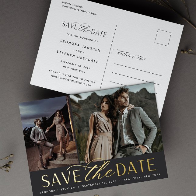 Smooth Script | 2 Photo Wedding Save the Date Foil Invitation Postcard (Creator Uploaded)