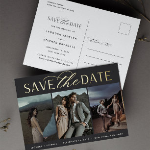 Smooth Script   3 Photo Wedding Save the Date Foil Invitation Postcard