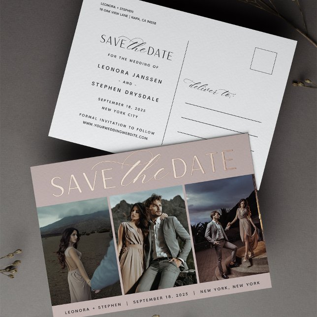 Smooth Script | 3 Photo Wedding Save the Date Foil Invitation Postcard (Creator Uploaded)