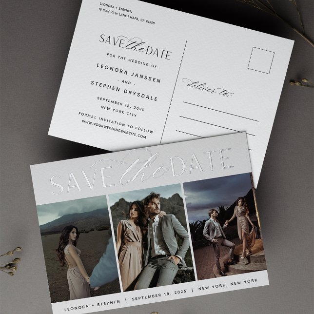 Smooth Script | 3 Photo Wedding Save the Date Foil Invitation Postcard (Creator Uploaded)