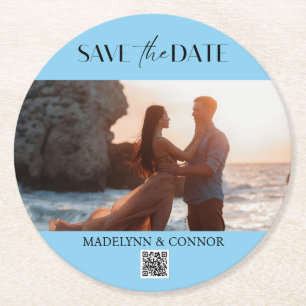 Smooth Script Photo QR Code Save the Date  Round Paper Coaster