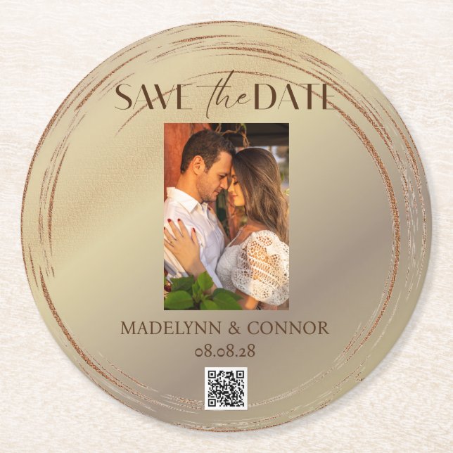 Smooth Script Photo QR Code Save the Date  Round  Round Paper Coaster (Front)