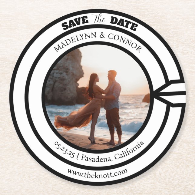 Smooth Script Photo Save the Date Darts Board Roun Round Paper Coaster (Front)