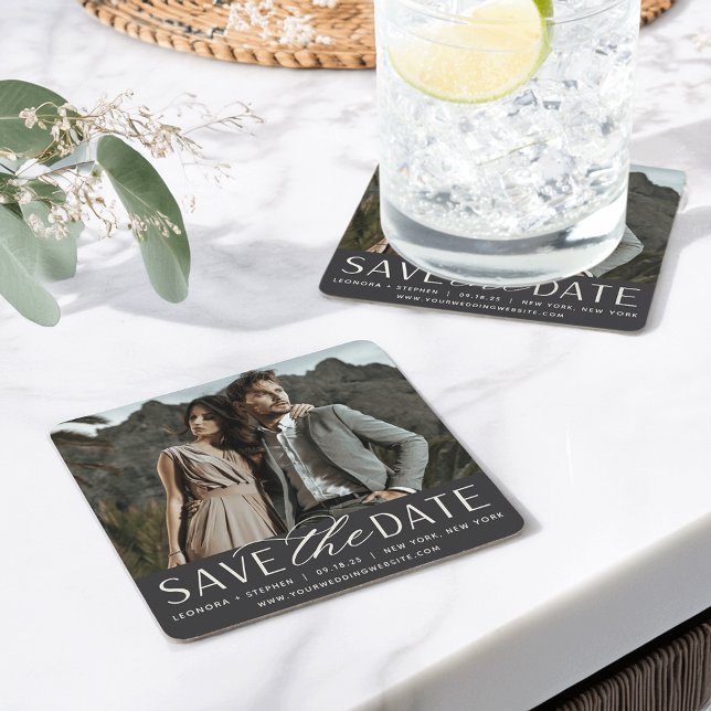 Smooth Script | Photo Save the Date Square Paper Coaster (Creator Uploaded)