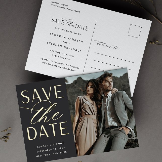 Smooth Script | Photo Wedding Save the Date Foil Invitation Postcard (Creator Uploaded)