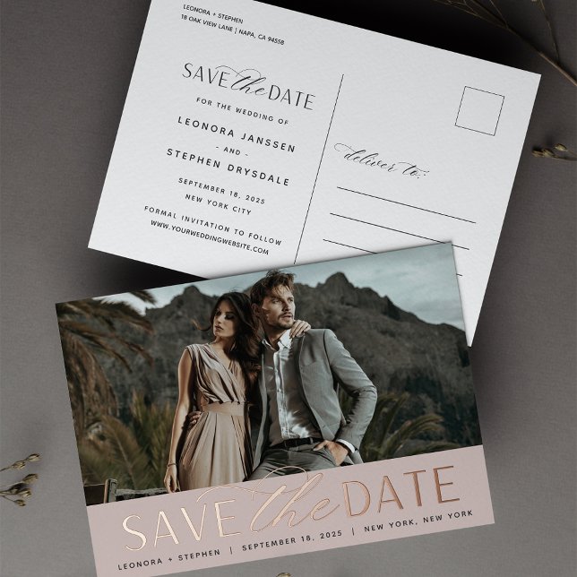 Smooth Script | Photo Wedding Save the Date Foil Invitation Postcard (Creator Uploaded)