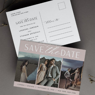 Smooth Script Three Photo Wedding Save the Date Announcement Postcard