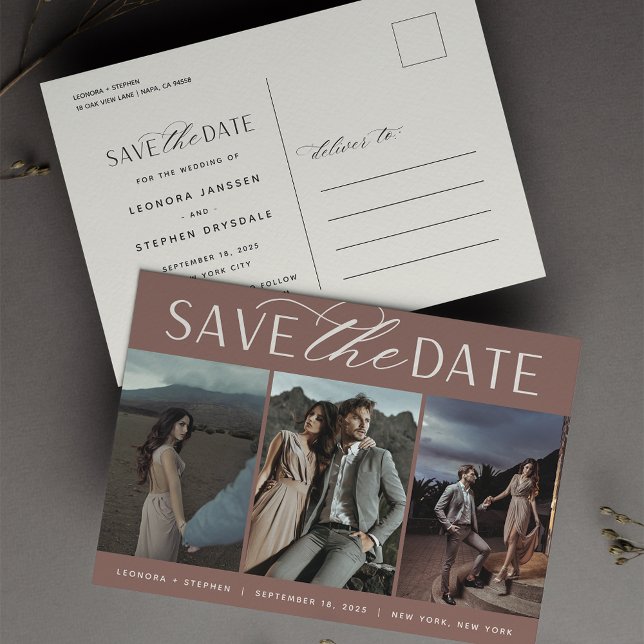 Smooth Script | Three Photo Wedding Save the Date Announcement Postcard (Creator Uploaded)