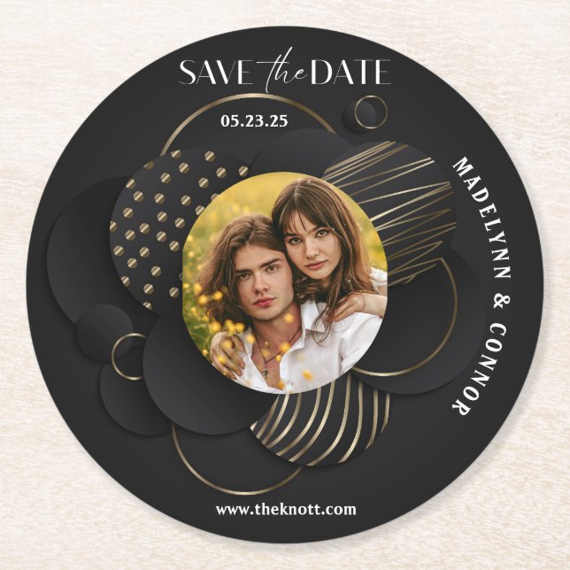 Smooth Script Vertical Photo Save the Date  Round Paper Coaster (Front)