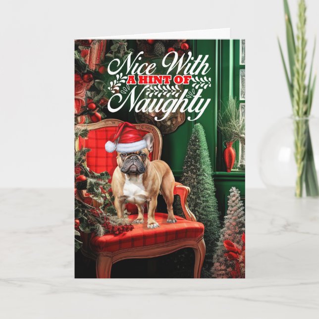 Smooth Tan Frenchie Christmas Dog Naughty Nice Holiday Card (Front)