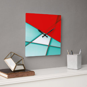 Smooth turcoise trapeze rectangle under red sheet  square wall clock