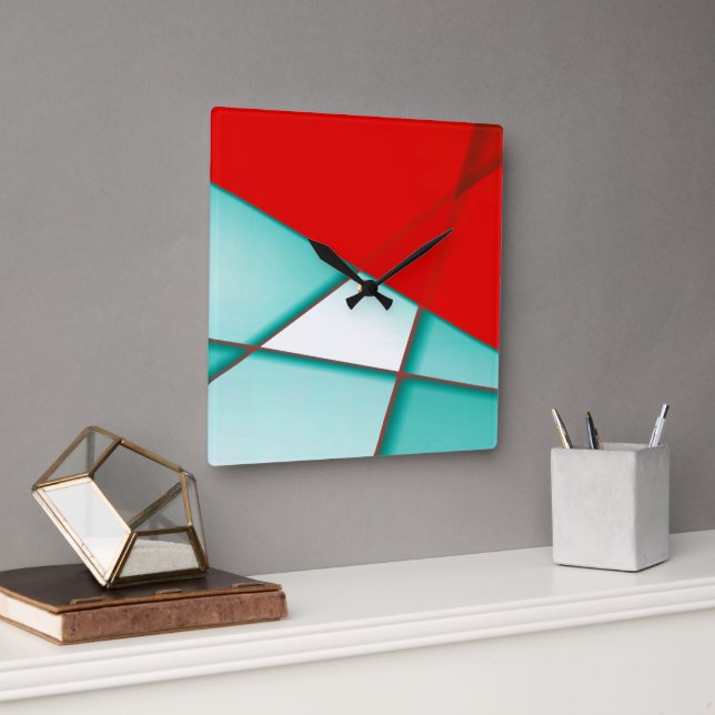 Smooth turcoise trapeze rectangle under red sheet  square wall clock (Office)