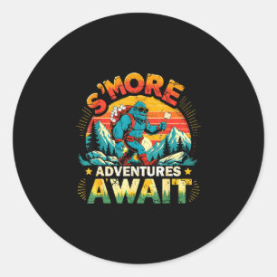 Smor adventures await funny bigfoot camping classic round sticker