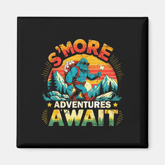 Smor adventures await funny bigfoot camping magnet (Front)