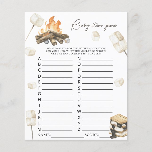 S'more bonfire baby shower Baby Item Game (Front)