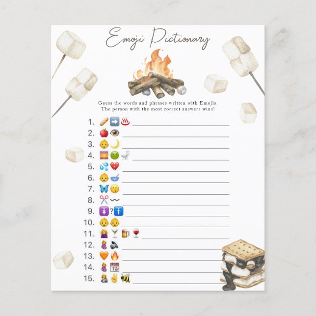 S'more bonfire baby shower Emoji picture game (Front)