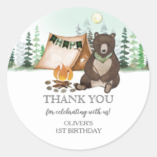 S'more Camping Bear ONE Happy Camper 1st Birthday Classic Round Sticker