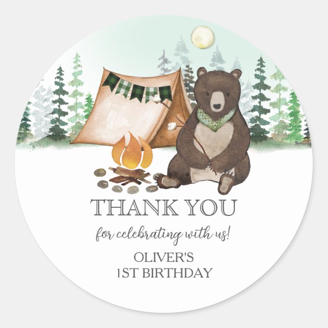S'more Camping Bear ONE Happy Camper 1st Birthday Classic Round Sticker (Front)