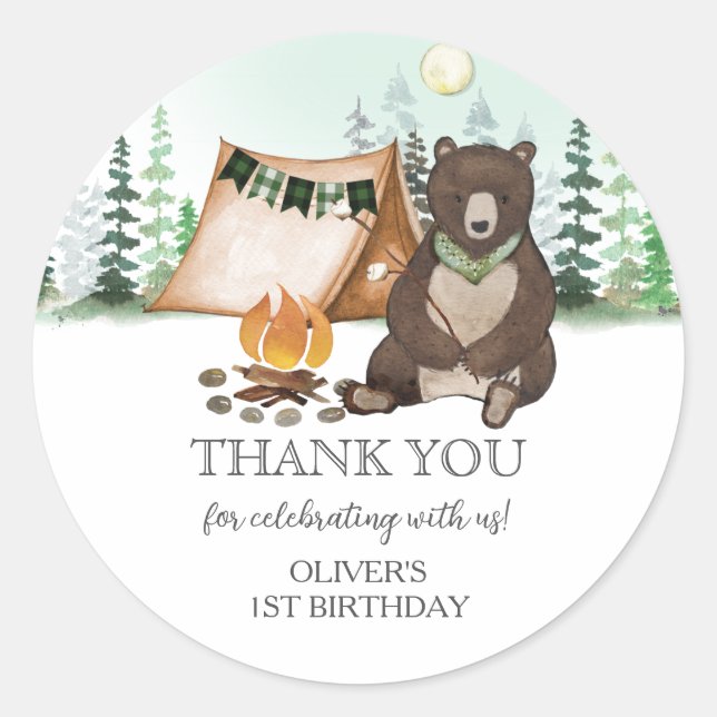 S'more Camping Bear ONE Happy Camper 1st Birthday Classic Round Sticker (Front)