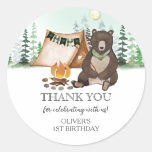 S'more Camping Bear ONE Happy Camper 1st Birthday Classic Round Sticker