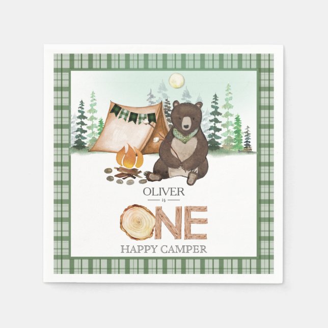 S'more Camping Bear ONE Happy Camper 1st Birthday Napkin (Front)