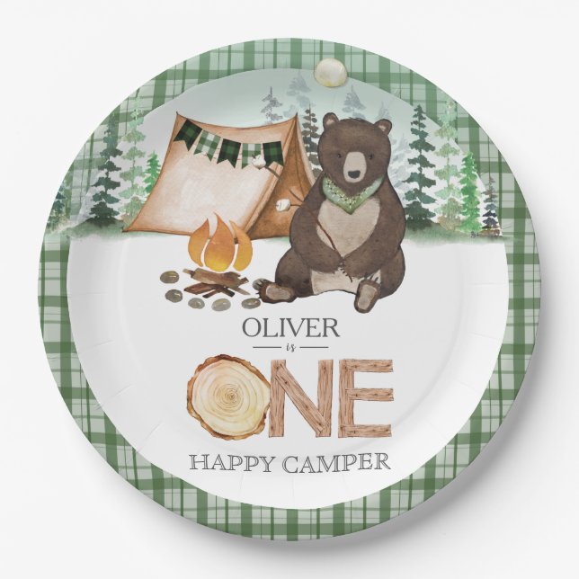 S'more Camping Bear ONE Happy Camper 1st Birthday Paper Plate (Front)