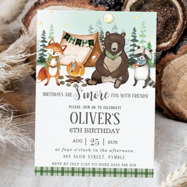 S'more Camping Bonfire Bear Fox Racoon Birthday  Invitation (Creator Uploaded)