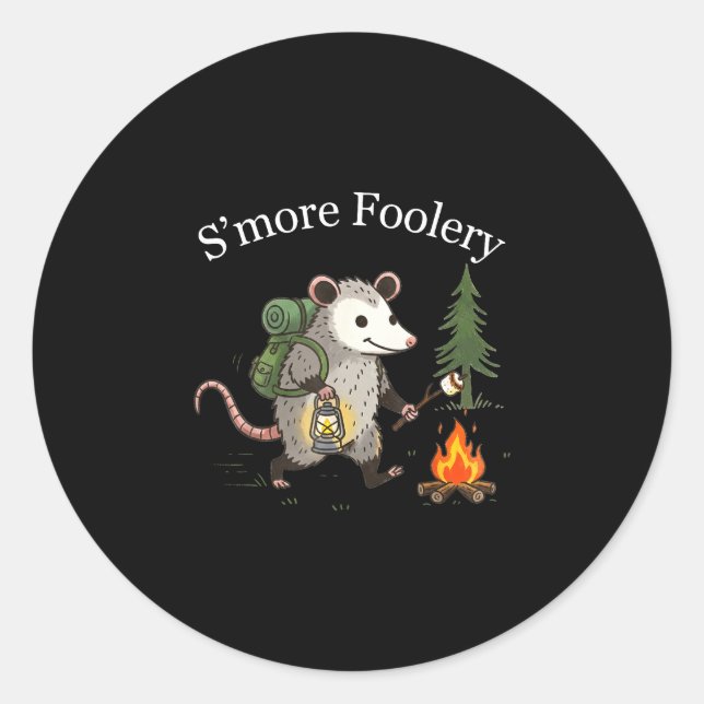 S'more foolery opossum marshmallow funny campfire classic round sticker (Front)