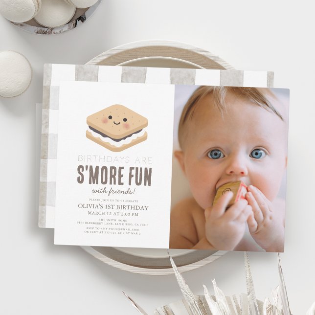 S'more Fun Kawaii 1st Birthday Photo Invitation (Creator Uploaded)