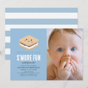 S'more Fun Kawaii Blue Boy 1st Birthday Photo Invitation