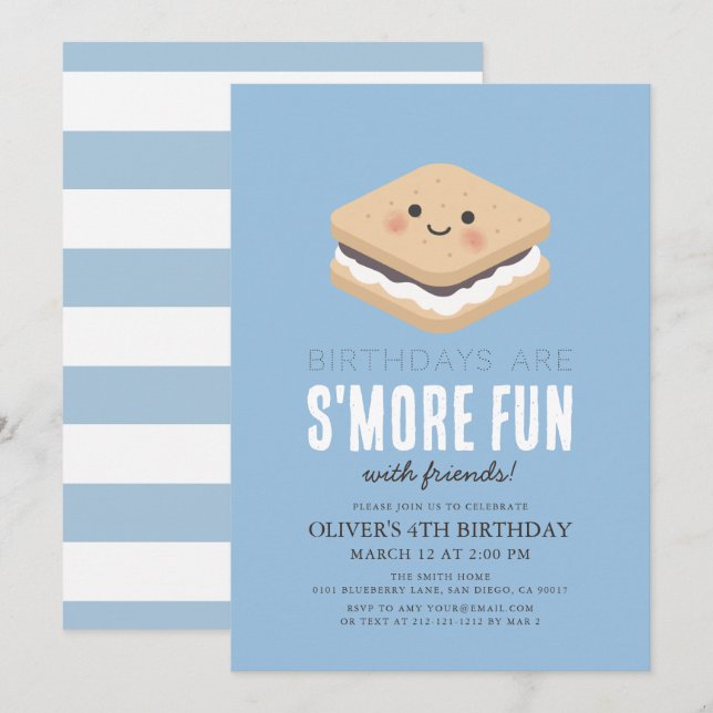 S'more Fun Kawaii Blue Kids Boy Birthday Invitation (Front/Back)