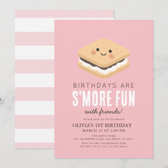 S'more Fun Kawaii Pink Girl 1st Birthday Invitation (Front/Back)