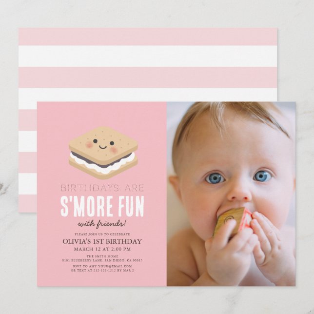 S'more Fun Kawaii Pink Girl 1st Birthday Photo Invitation (Front/Back)