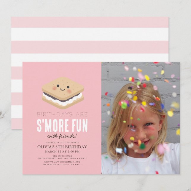 S'more Fun Kawaii Pink Girl Birthday Photo Invitation (Front/Back)