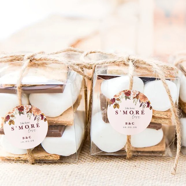 S'more love Fall Wedding Favour Classic Round Sticker (Take home s'more love!mockup image shows the floral fall smore favor sticker on boxes of smores)
