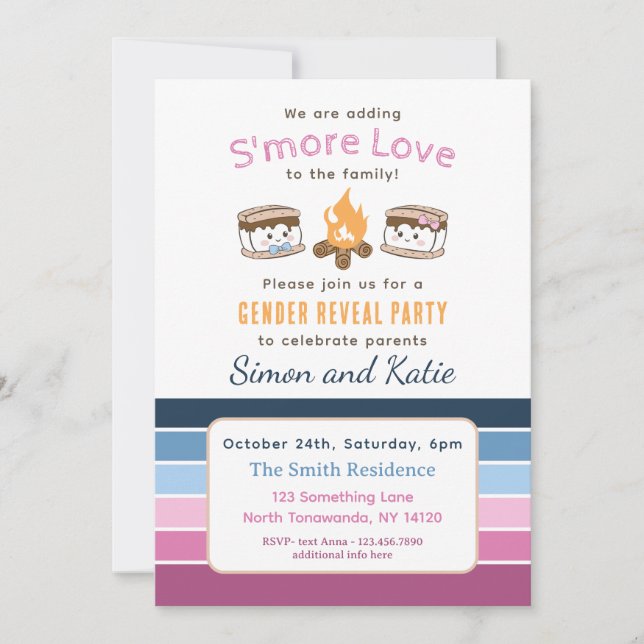 S'more Love themed baby gender reveal invitation (Front)