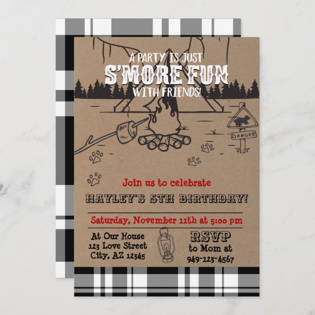 S'more Party Buffalo Check Plaid Birthday Invitation (Front/Back)