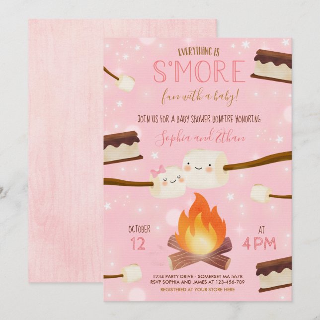 S'more Pink Girl Bonfire Baby Shower Invitation (Front/Back)