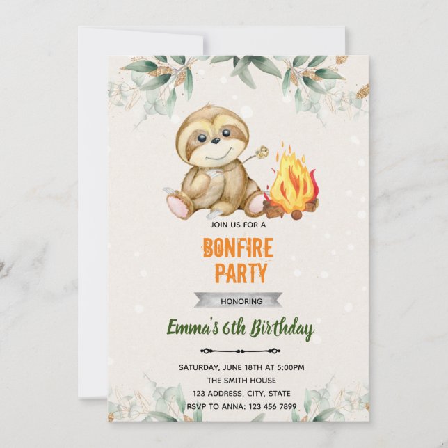 Smore sloth slumber party invitation (Front)