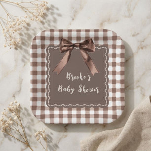 S'more to Love Brown Gingham Bow Baby Shower Paper Plate