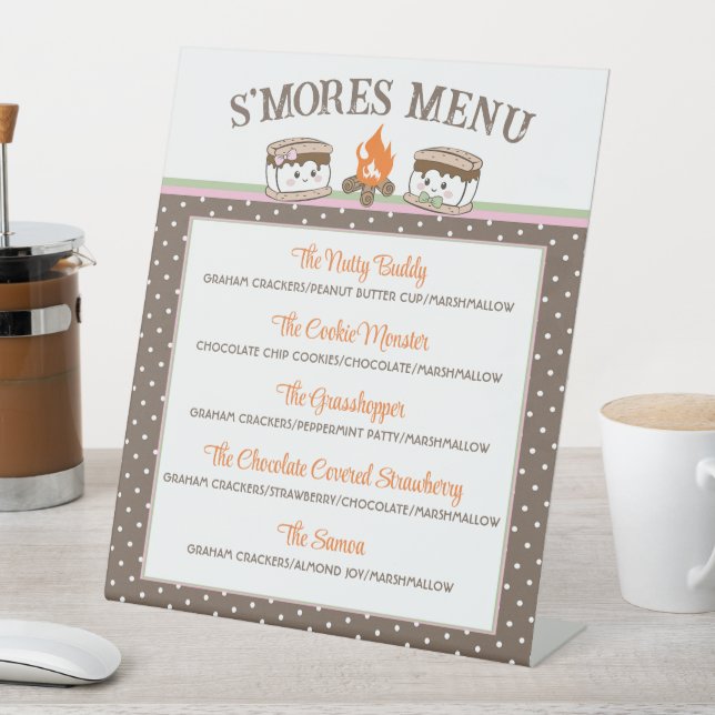 S'Mores gender reveal baby shower bonfire menu Pedestal Sign (In SItu)