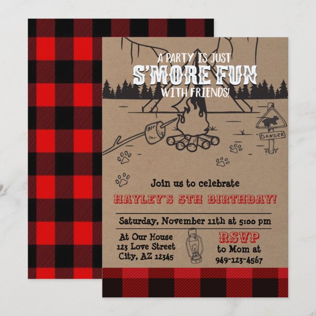 S'mores Party Buffalo Plaid Birthday Invitation (Front/Back)