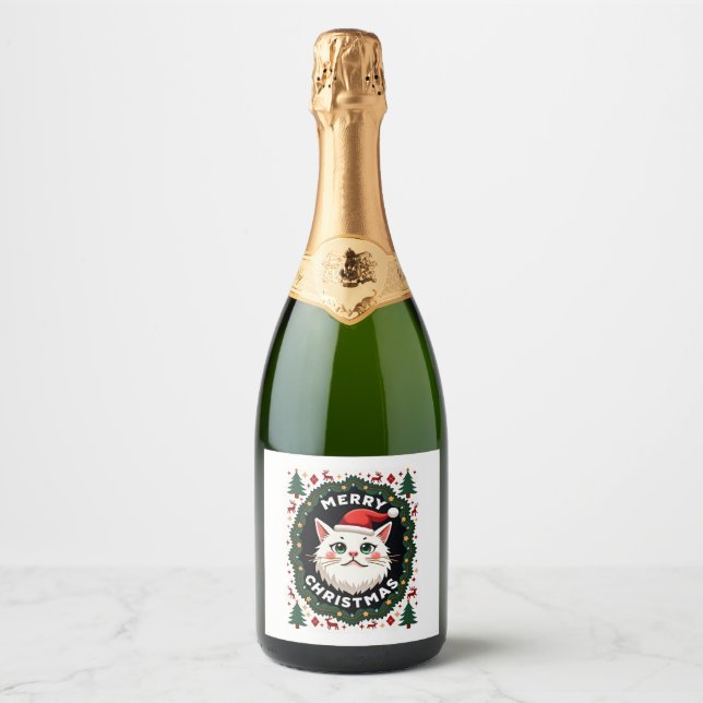 Smudge Cat Ugly Christmas Sweater  (1) Sparkling Wine Label (Front)